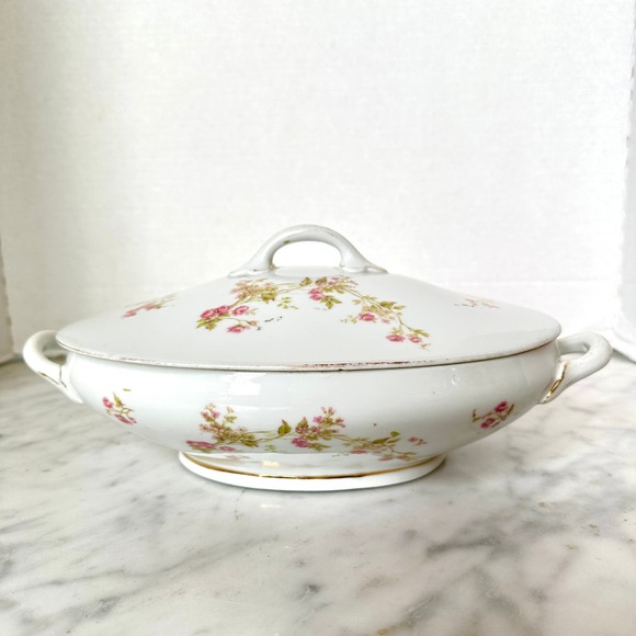 Antique Victoria Austria Serving Bowl 10" Oval Covered Fine China Floral - Picture 2 of 12